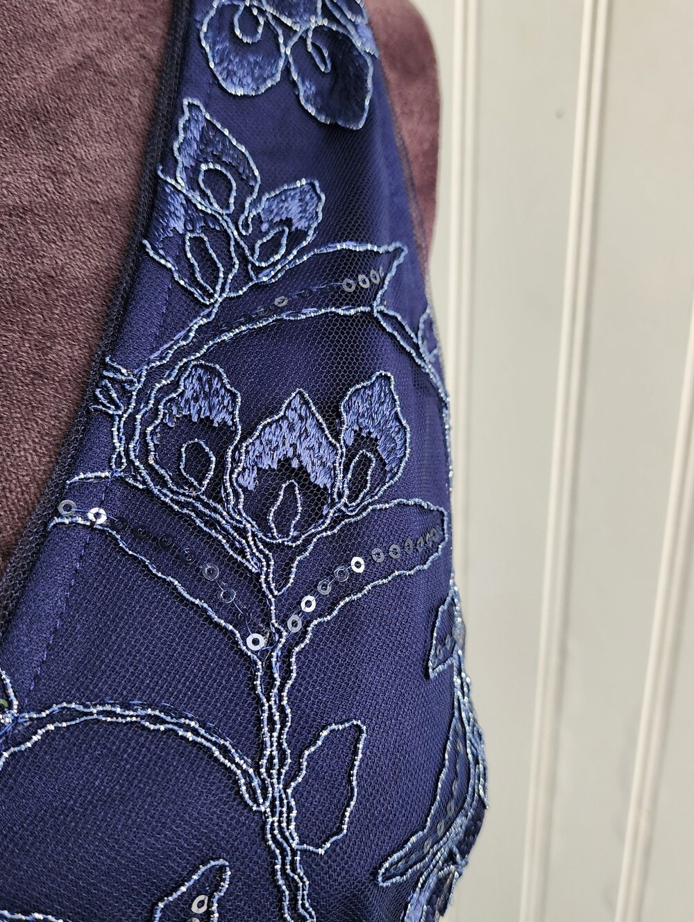NWT Papell Studio Women's Navy Blue Floral Sequin Embroidered Midi Dress 8 - Picture 7 of 16